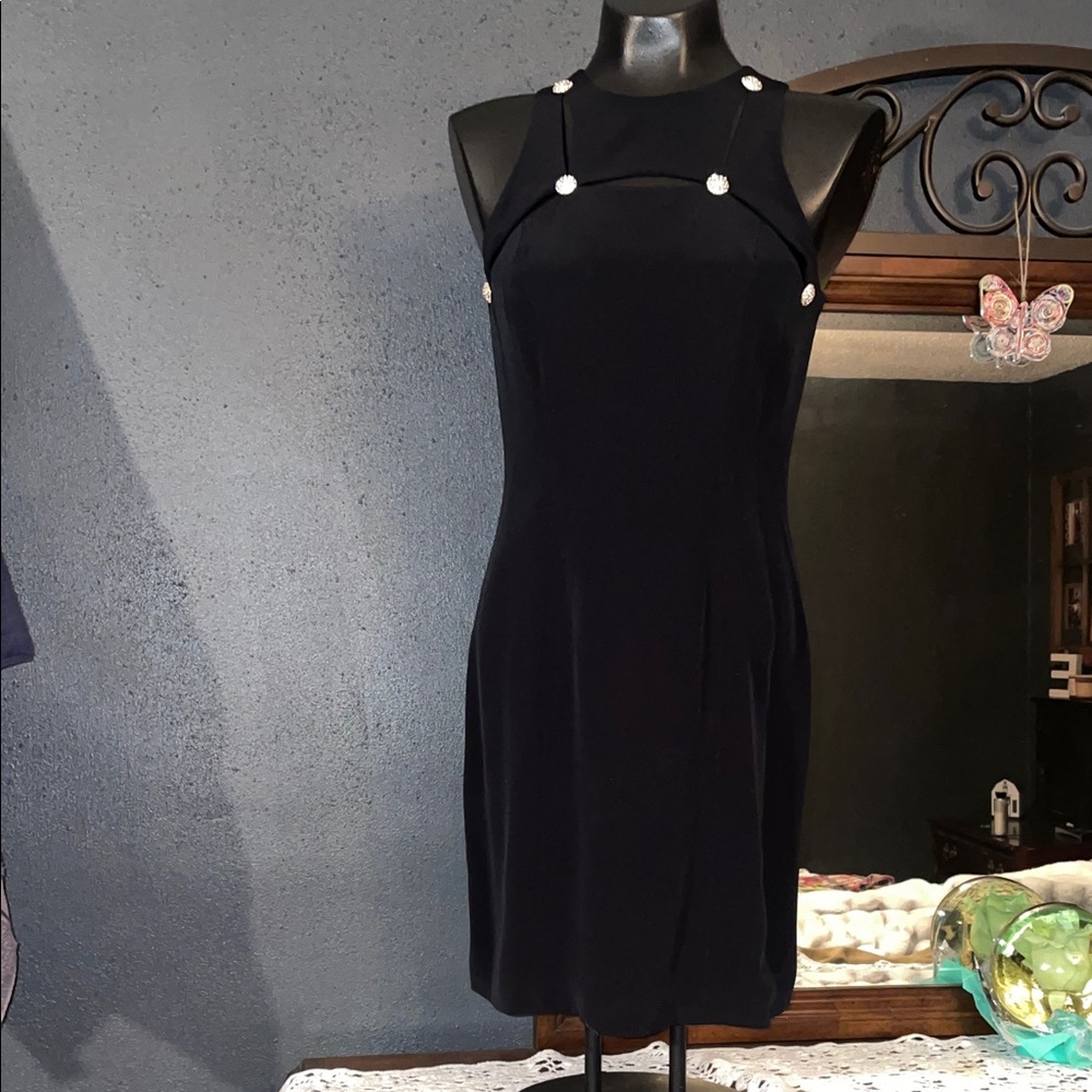 Cache Black Mini Dress with Silver Button Accents